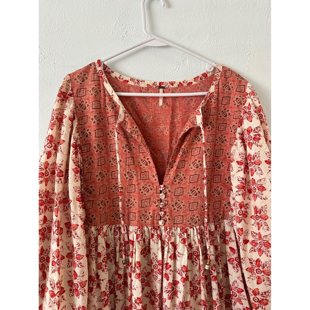 Free People Rare Feelings Maxi Dress Red Floral Boho Balloon Sleeve Size L - Picture 6 of 7